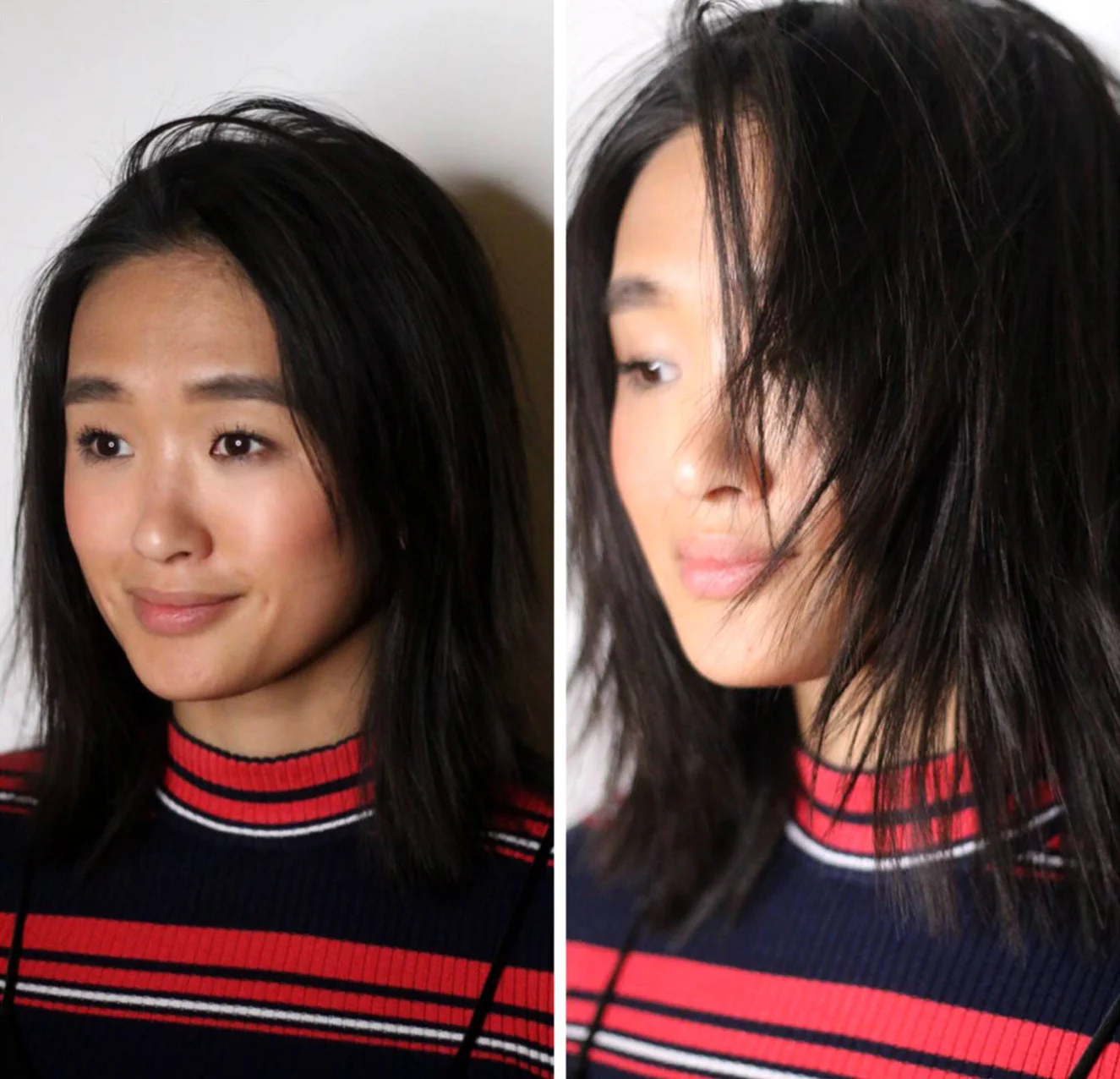 Smiling woman, face partially obscured by hair