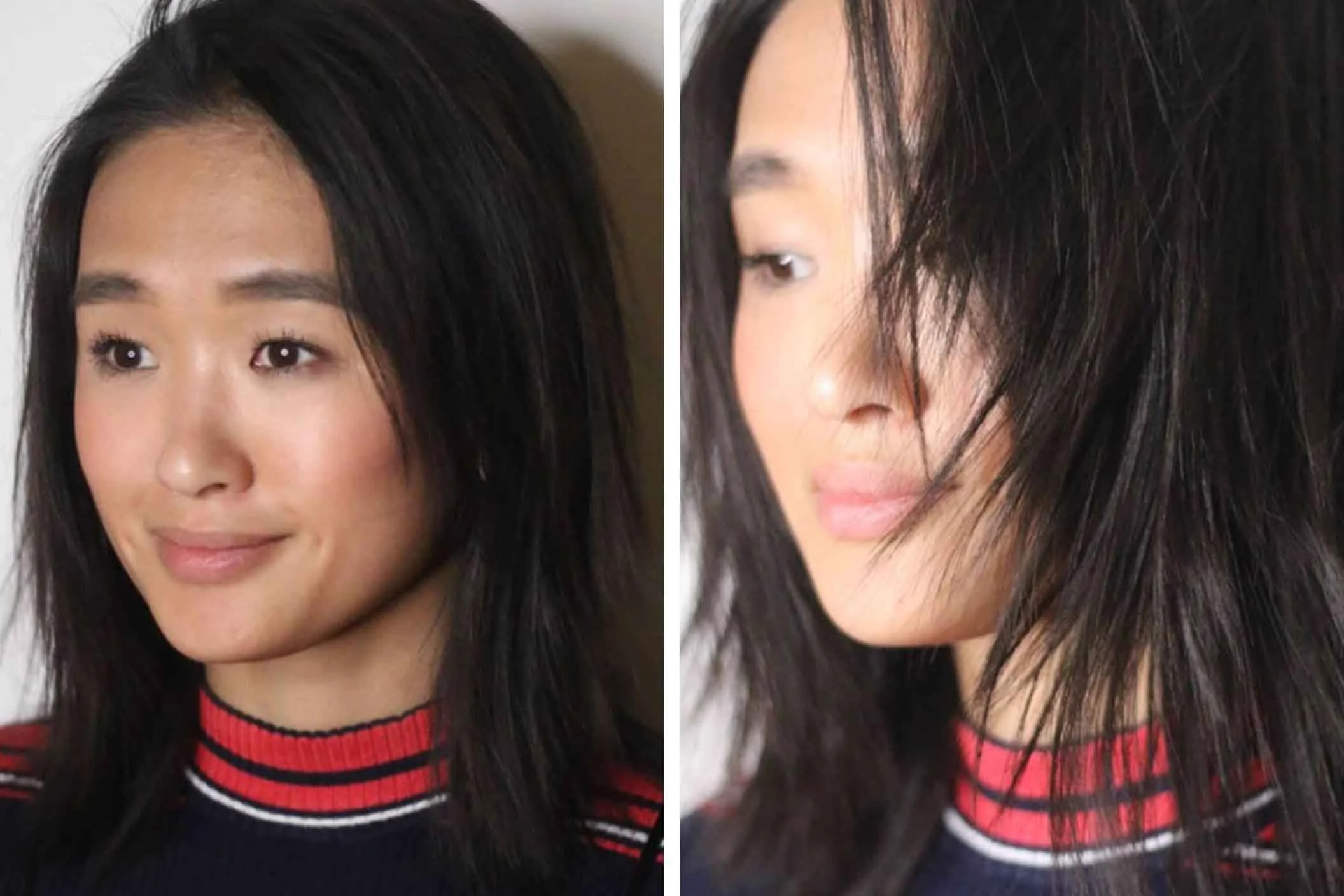 Smiling woman, red striped sweater.