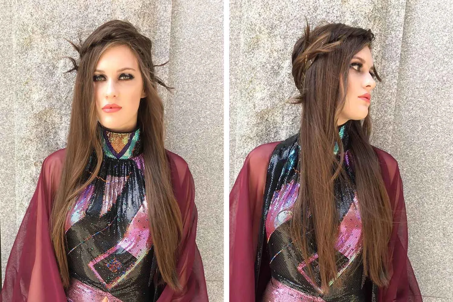 Woman in colorful dress with braided hairstyle